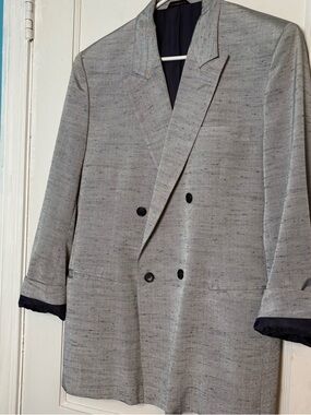 Vtg. Bespoke 42R double breasted blazer grey silk atomic-fleck nubby coat